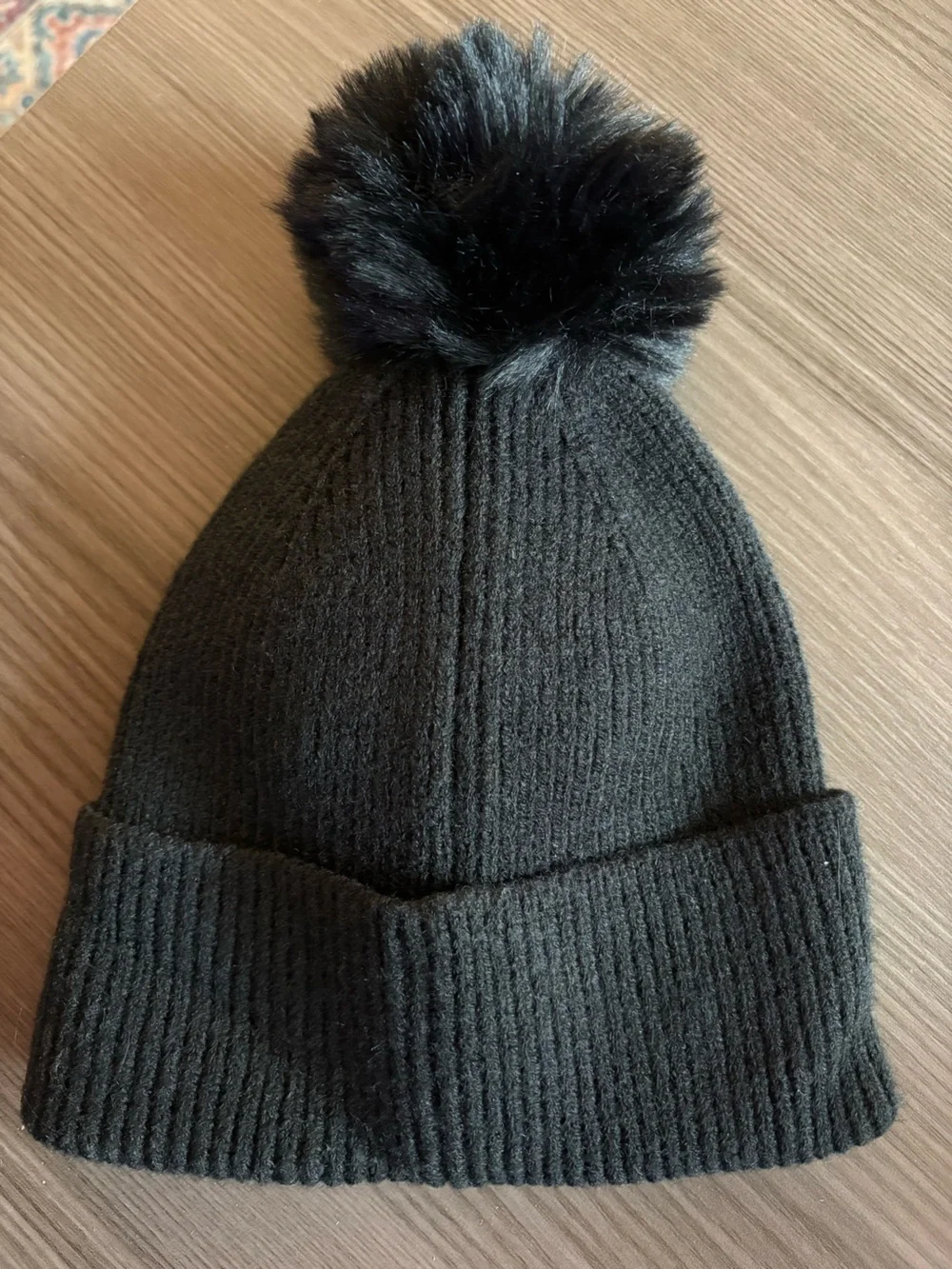 Steve Madden Black Beanie with Faux Fur Pom and Pearl & Rhinestone Accents